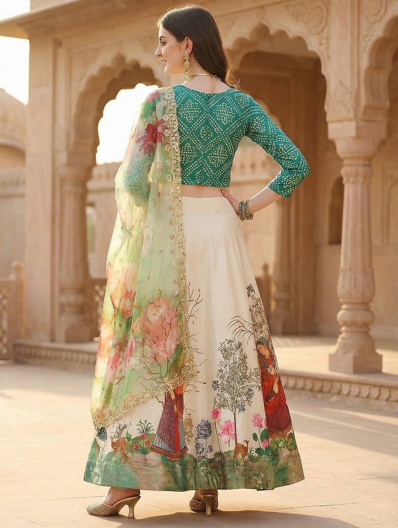 Green Color Satin Silk Fabric Designer Digital Printed Fancy Ethnic Partywear Lehenga