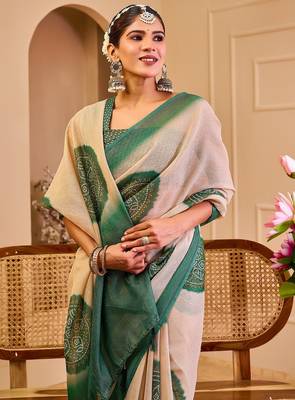 Beige cotton blend geometric print saree with blouse 5