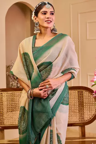 Beige cotton blend geometric print saree with blouse