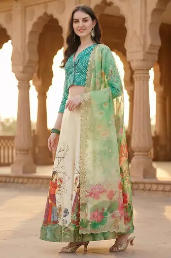 Green Color Satin Silk Fabric Designer Digital Printed Fancy Ethnic Partywear Lehenga