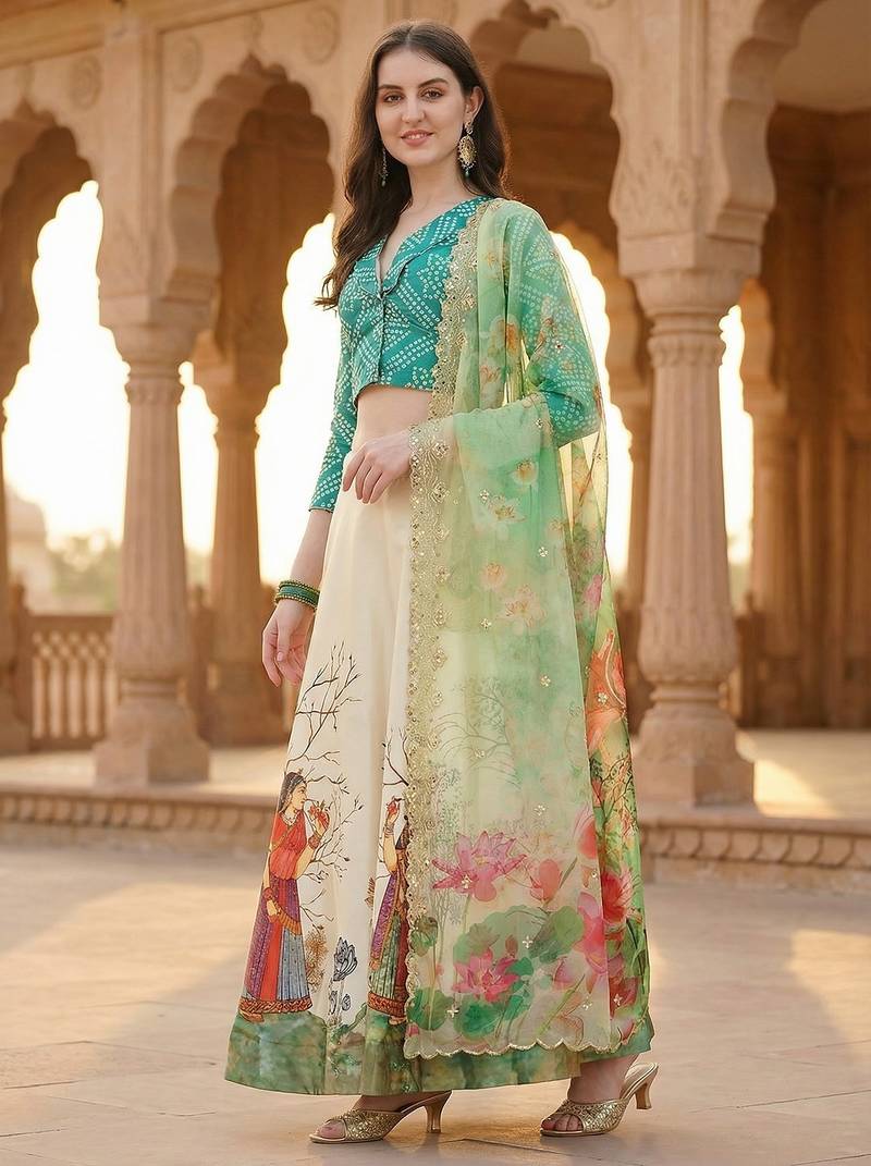 Green Color Satin Silk Fabric Designer Digital Printed Fancy Ethnic Partywear Lehenga