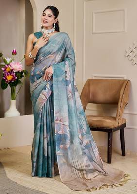 Sea green cotton blend floral print saree with blouse 1