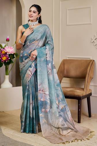 Sea green cotton blend floral print saree with blouse