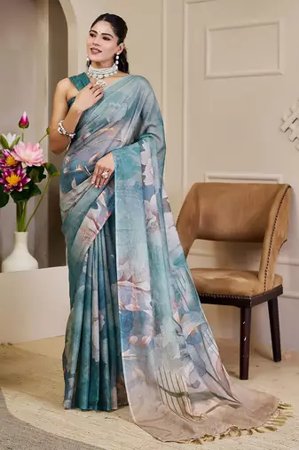 Sea green cotton blend floral print saree with blouse
