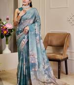 Sea green cotton blend floral print saree with blouse