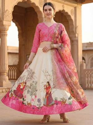 Pink Color Satin Silk Fabric Designer Digital Printed Fancy Ethnic Partywear Lehenga 1