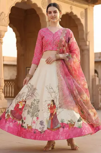 Pink Color Satin Silk Fabric Designer Digital Printed Fancy Ethnic Partywear Lehenga