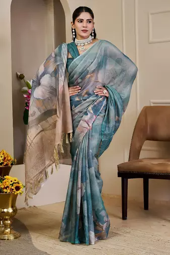 Sea green cotton blend floral print saree with blouse
