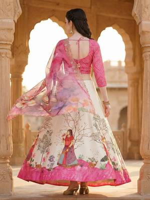 Pink Color Satin Silk Fabric Designer Digital Printed Fancy Ethnic Partywear Lehenga 2