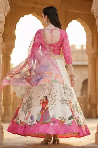 Pink Color Satin Silk Fabric Designer Digital Printed Fancy Ethnic Partywear Lehenga