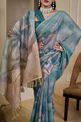 Sea green cotton blend floral print saree with blouse 4