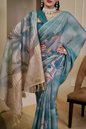 Sea green cotton blend floral print saree with blouse