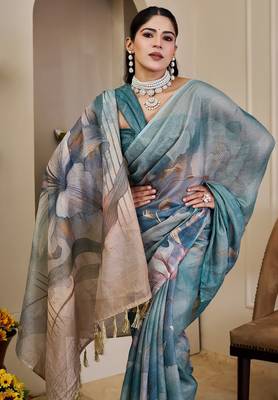 Sea green cotton blend floral print saree with blouse 5