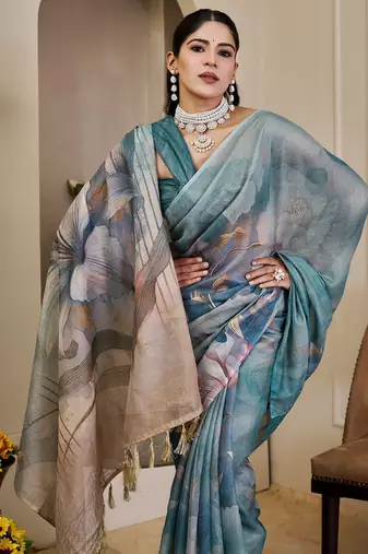 Sea green cotton blend floral print saree with blouse