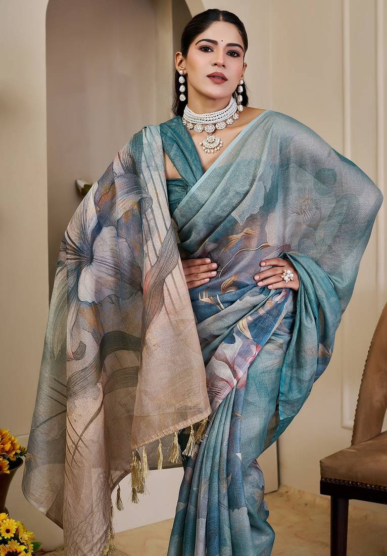Sea green cotton blend floral print saree with blouse