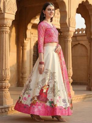 Pink Color Satin Silk Fabric Designer Digital Printed Fancy Ethnic Partywear Lehenga 4