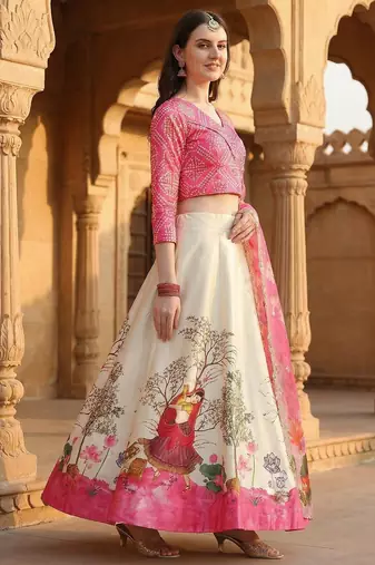Pink Color Satin Silk Fabric Designer Digital Printed Fancy Ethnic Partywear Lehenga