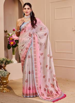 Light pink cotton blend floral print saree with blouse 1