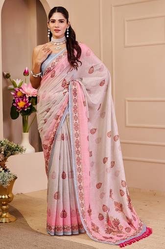Light pink cotton blend floral print saree with blouse