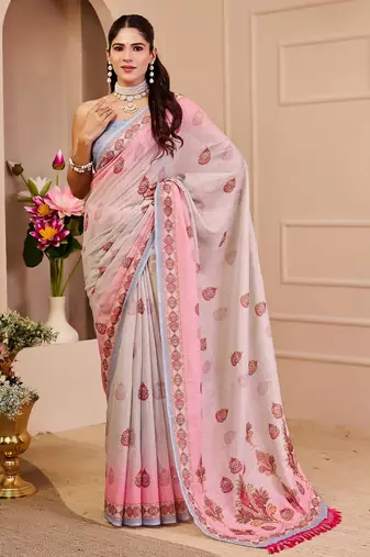 Light pink cotton blend floral print saree with blouse