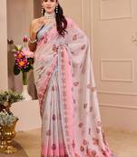 Light pink cotton blend floral print saree with blouse