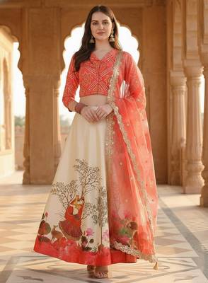 Red Color Satin Silk Fabric Designer Digital Printed Fancy Ethnic Partywear Lehenga 1