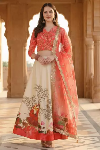 Red Color Satin Silk Fabric Designer Digital Printed Fancy Ethnic Partywear Lehenga