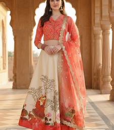 Red Color Satin Silk Fabric Designer Digital Printed Fancy Ethnic Partywear Lehenga