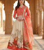 Red Color Satin Silk Fabric Designer Digital Printed Fancy Ethnic Partywear Lehenga