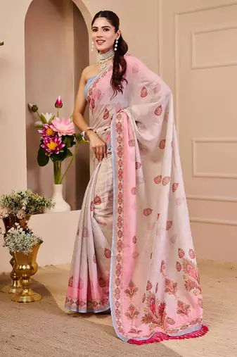 Light pink cotton blend floral print saree with blouse