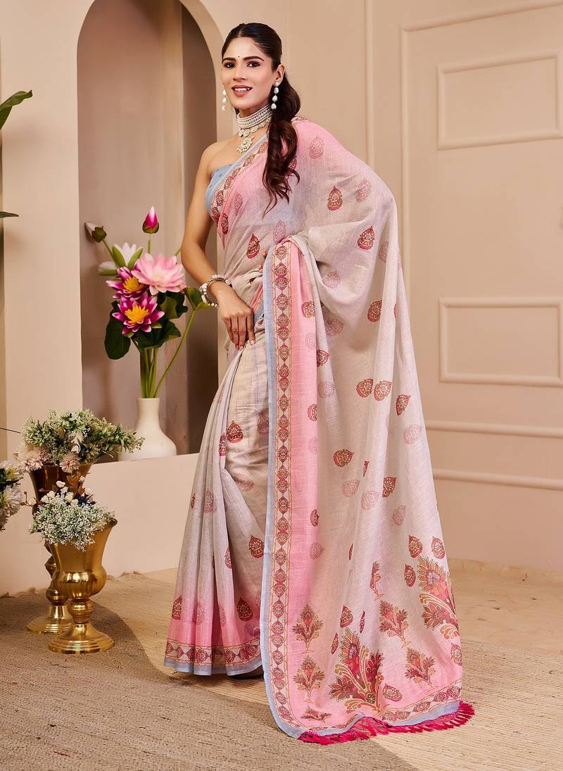 Light pink cotton blend floral print saree with blouse