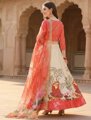 Red Color Satin Silk Fabric Designer Digital Printed Fancy Ethnic Partywear Lehenga 2