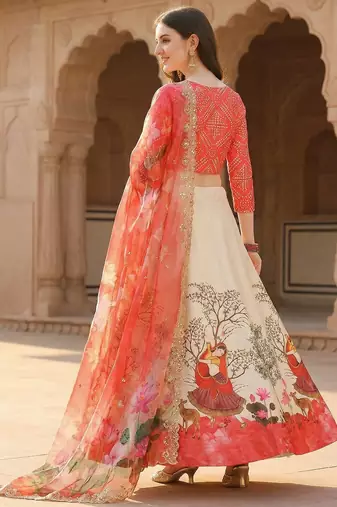 Red Color Satin Silk Fabric Designer Digital Printed Fancy Ethnic Partywear Lehenga