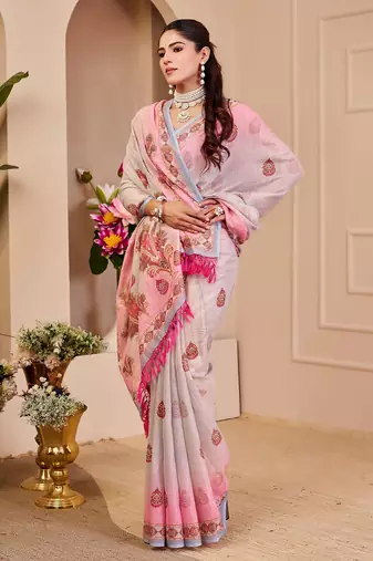 Light pink cotton blend floral print saree with blouse