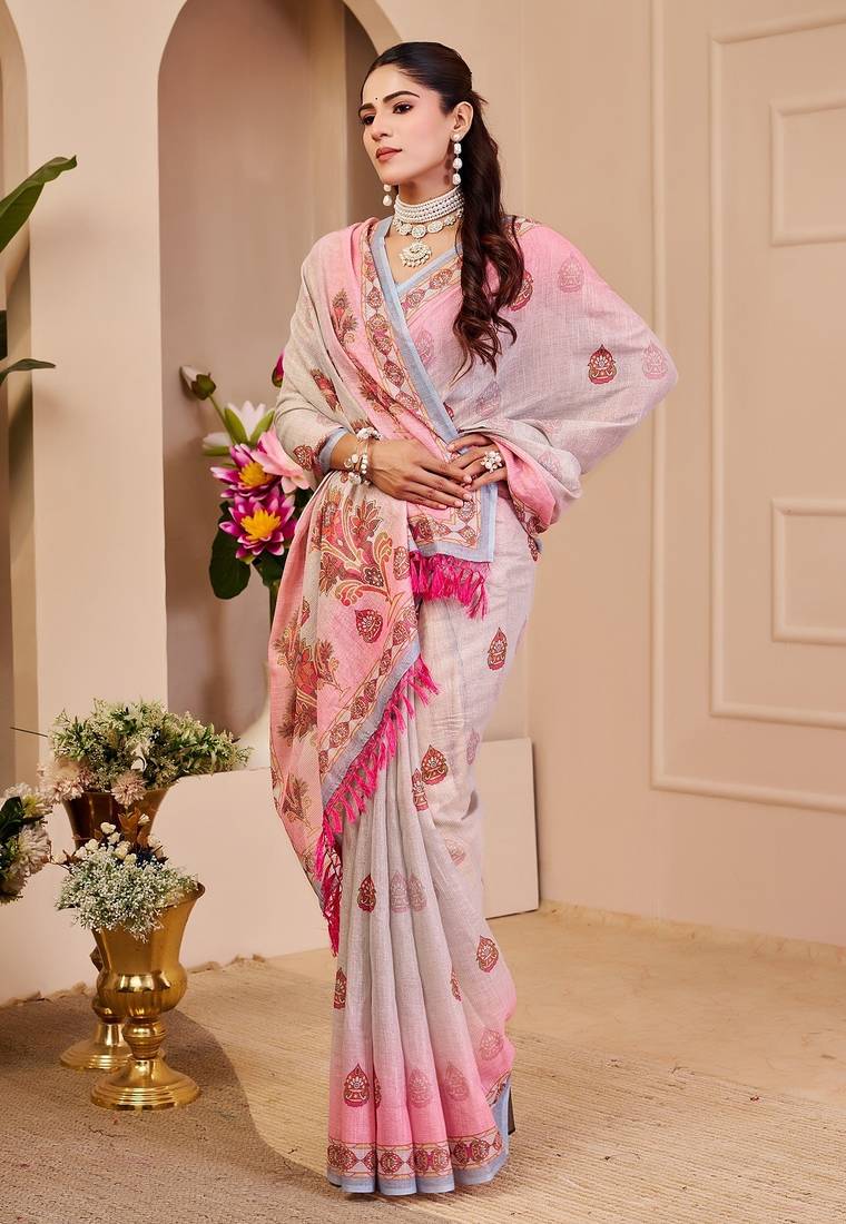 Light pink cotton blend floral print saree with blouse