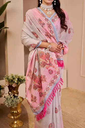 Light pink cotton blend floral print saree with blouse