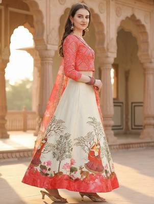 Red Color Satin Silk Fabric Designer Digital Printed Fancy Ethnic Partywear Lehenga 4