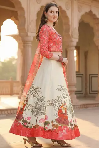 Red Color Satin Silk Fabric Designer Digital Printed Fancy Ethnic Partywear Lehenga