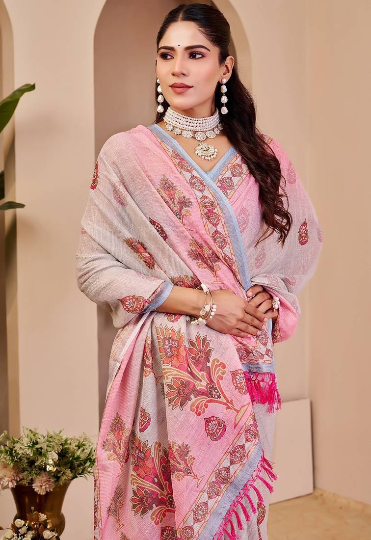 Light pink cotton blend floral print saree with blouse