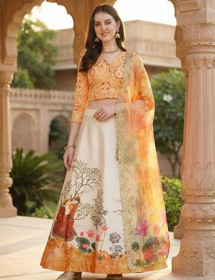 Yellow Color Satin Silk Fabric Designer Digital Printed Fancy Ethnic Partywear Lehenga 1