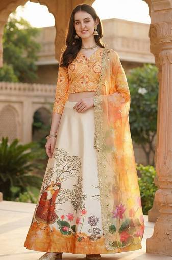 Yellow Satin Silk Digital Printed Fancy Ethnic Partywear Lehenga