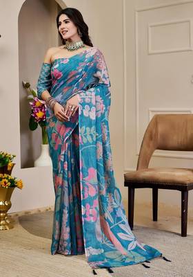 Blue cotton blend floral print saree with blouse 1