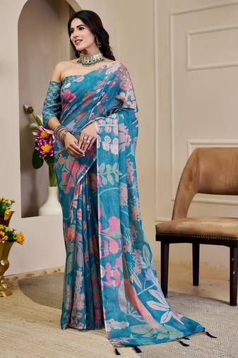 Blue cotton blend floral print saree with blouse