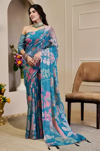 Blue cotton blend floral print saree with blouse