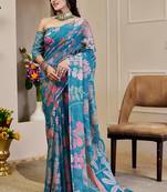 Blue cotton blend floral print saree with blouse