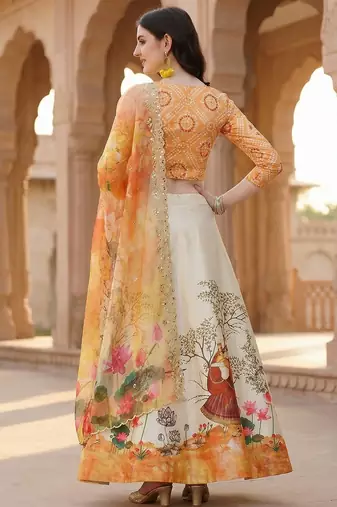 Yellow Color Satin Silk Fabric Designer Digital Printed Fancy Ethnic Partywear Lehenga