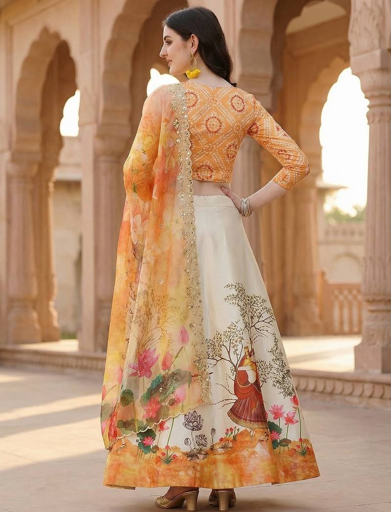 Yellow Color Satin Silk Fabric Designer Digital Printed Fancy Ethnic Partywear Lehenga