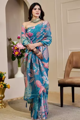 Blue cotton blend floral print saree with blouse