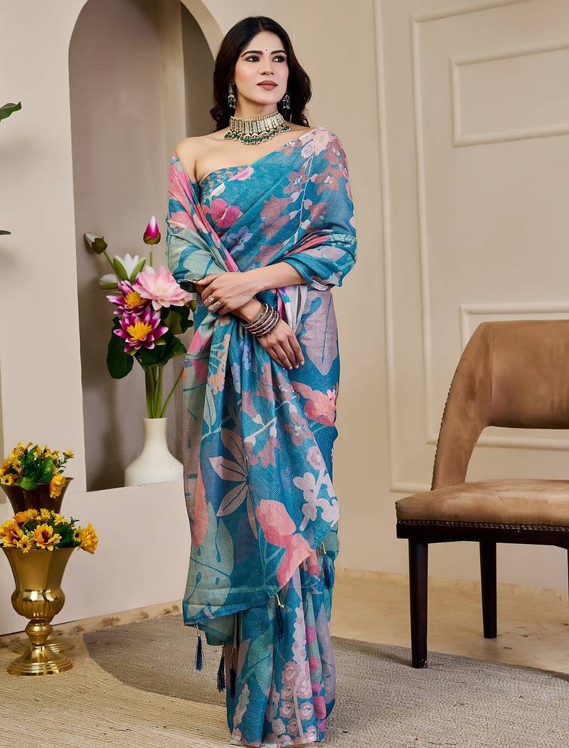 Blue cotton blend floral print saree with blouse
