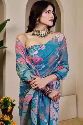 Blue cotton blend floral print saree with blouse